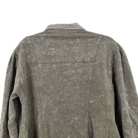 Army Green Washed Denim Button Front Mini Dress Sz S Puff Military Gorpcore - Picture 13 of 15